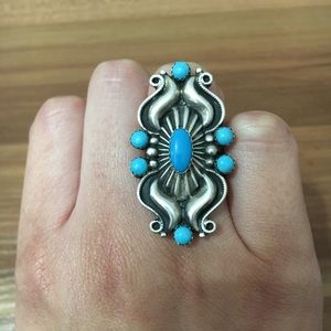 Native American Turquoise Silver Statement Ring Southwestern (singed by artist).
